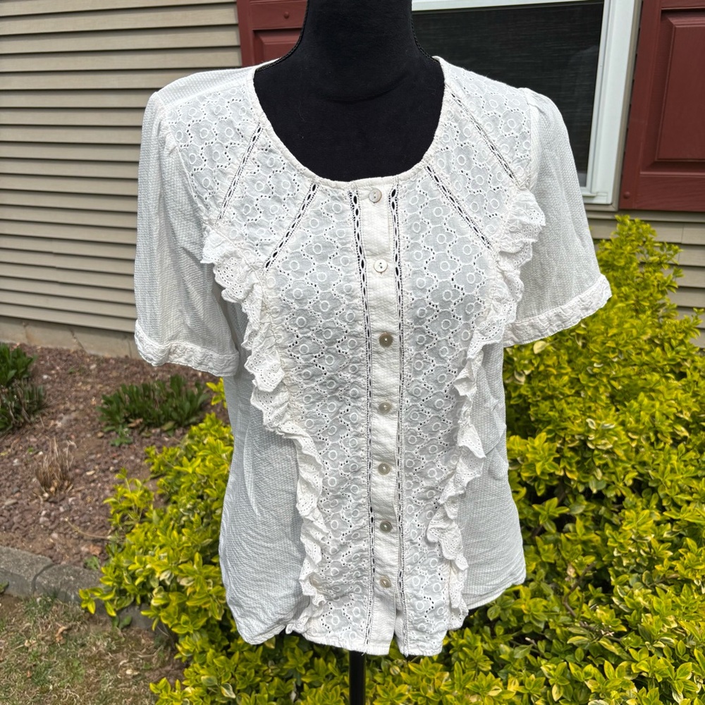 🌸 LOGO Textured Woven Sheer Blouse with Eyelets & Ruffles 🌸
